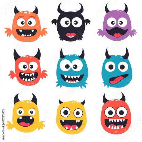 Halloween-themed set of colorful monster silhouette heads, featuring cute cartoon kawaii designs with expressive eyes, tongues, fang teeth, and playful hands 