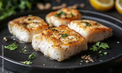 white fish cutlets on a black plate