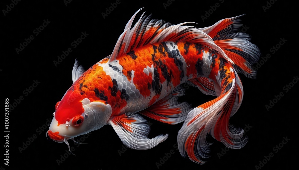 Fototapeta premium A vibrant koi fish with striking colors and flowing fins against a dark background.