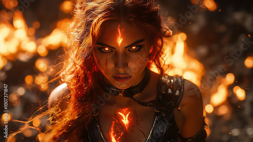 ntense gaze of a female fire genasi, her fiery essence radiating immense power and mystique photo