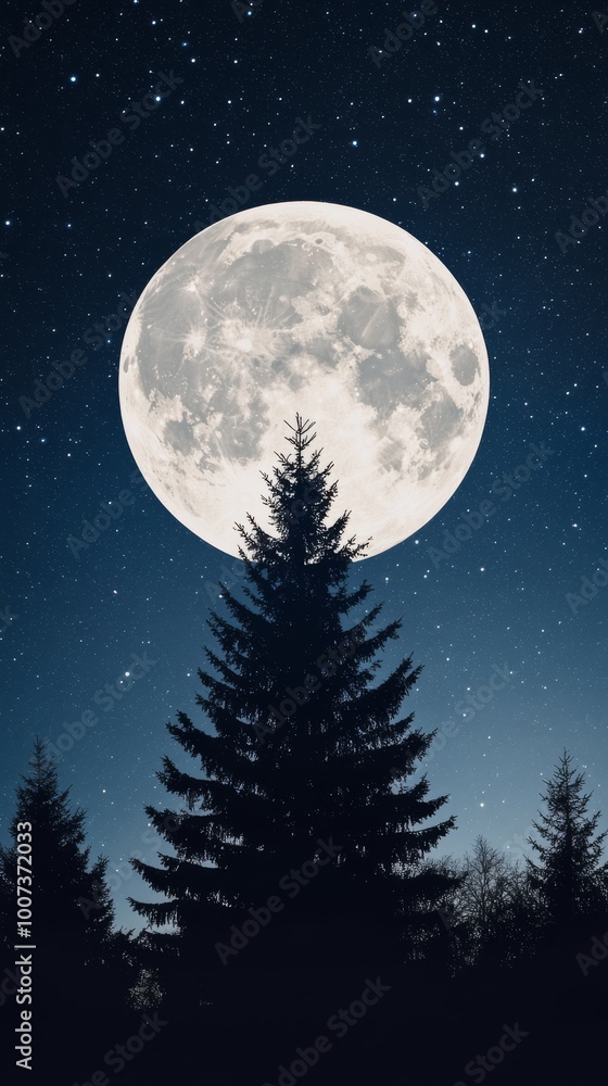 Fototapeta premium Illustration of a snowcovered forest with a glowing Christmas tree in the center surrounded by twinkling stars and a full moon Perfect for holiday cards and festive winter greetings with a magical and