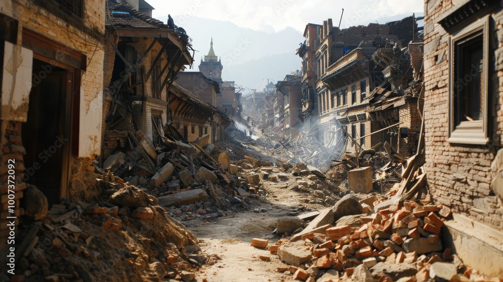 A street in a city is covered in rubble and debris, aftermath of a natural disaster, showing the destruction and devastation. A street in a city is covered in rubble and debris, aftermath of a natural disaster, showing the destruction and devastation.
