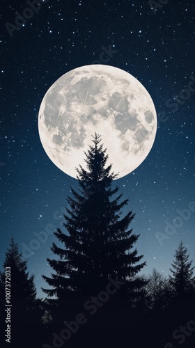 Illustration of a snowcovered forest with a glowing Christmas tree in the center surrounded by twinkling stars and a full moon Perfect for holiday cards and festive winter greetings with a magical and