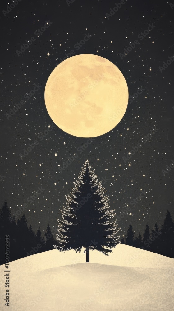Naklejka premium Illustration of a snowcovered forest with a glowing Christmas tree in the center surrounded by twinkling stars and a full moon Perfect for holiday cards and festive winter greetings with a magical and