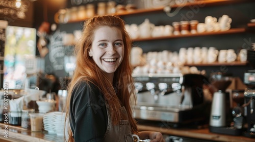 Barista smiles warmly while preparing coffee drinks in a cozy café setting during the morning rush hour