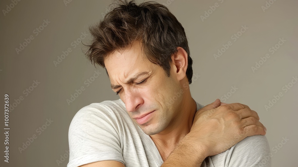 Man applying pressure to his joint pain area due to tendon problems and arthritis symptoms Man applying pressure to his joint pain area due to tendon problems and arthritis symptoms