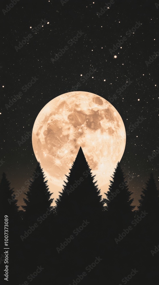 Naklejka premium Illustration of a snowcovered forest with a glowing Christmas tree in the center surrounded by twinkling stars and a full moon Perfect for holiday cards and festive winter greetings with a magical and