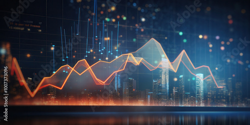 Abstract financial graph overlaying city skyline at night