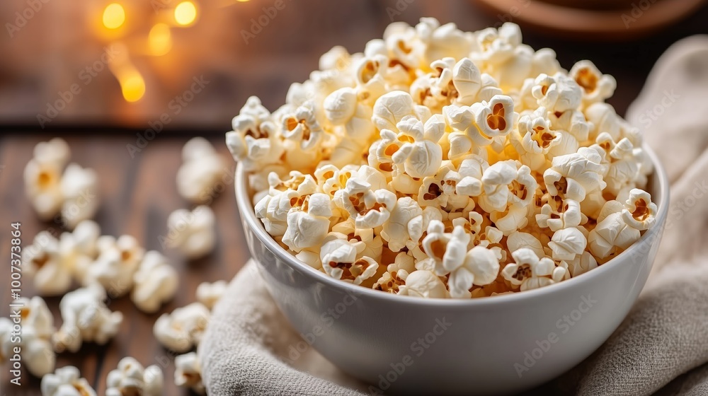 A cozy bowl of freshly popped popcorn sits on a wooden table surrounded by soft lighting, perfect for movie night A cozy bowl of freshly popped popcorn sits on a wooden table surrounded by soft lighting, perfect for movie night