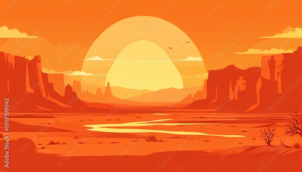 A vibrant orange sunset over a desert landscape with mountains and a winding river. A vibrant orange sunset over a desert landscape with mountains and a winding river.