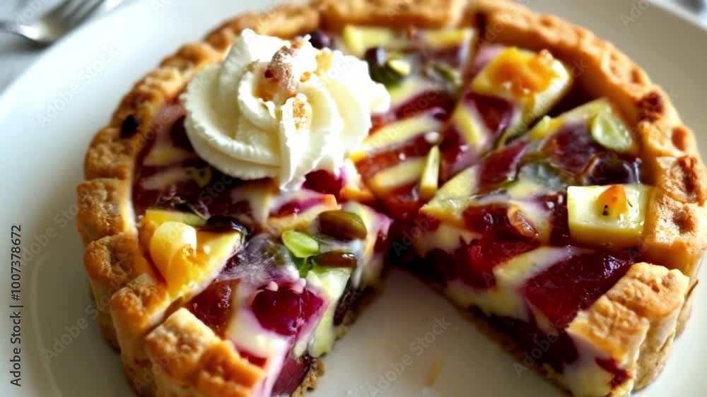 Close-Up of Tart Slice Cut with Focus on Layers and Condiments Close-Up of Tart Slice Cut with Focus on Layers and Condiments