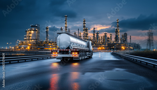 AI Generator Image of Transportation of oil and natural gas by truck in Oil Refinery factory and petrochemical plant - Petroleum industry	