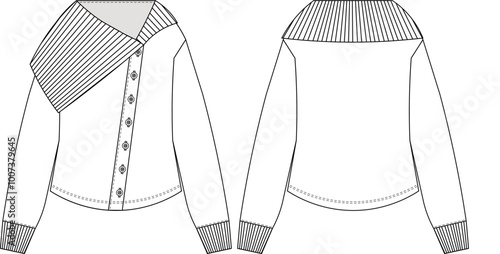 ribbed collared buttoned drop shoulder ribbed cuff long sleeve cardigan knitwear blouse top sweater template technical drawing flat sketch cad mockup fashion woman design style model
