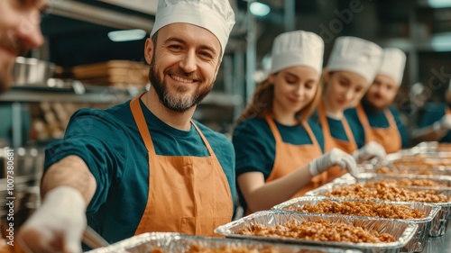 Volunteers handing out food at a charity event, warm lighting with deep depth of field capturing the kindness of giving, World Kindness Day  photo