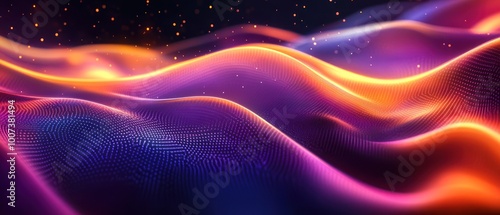 Glowing purple and orange waves dots and lines. Abstract technology background.