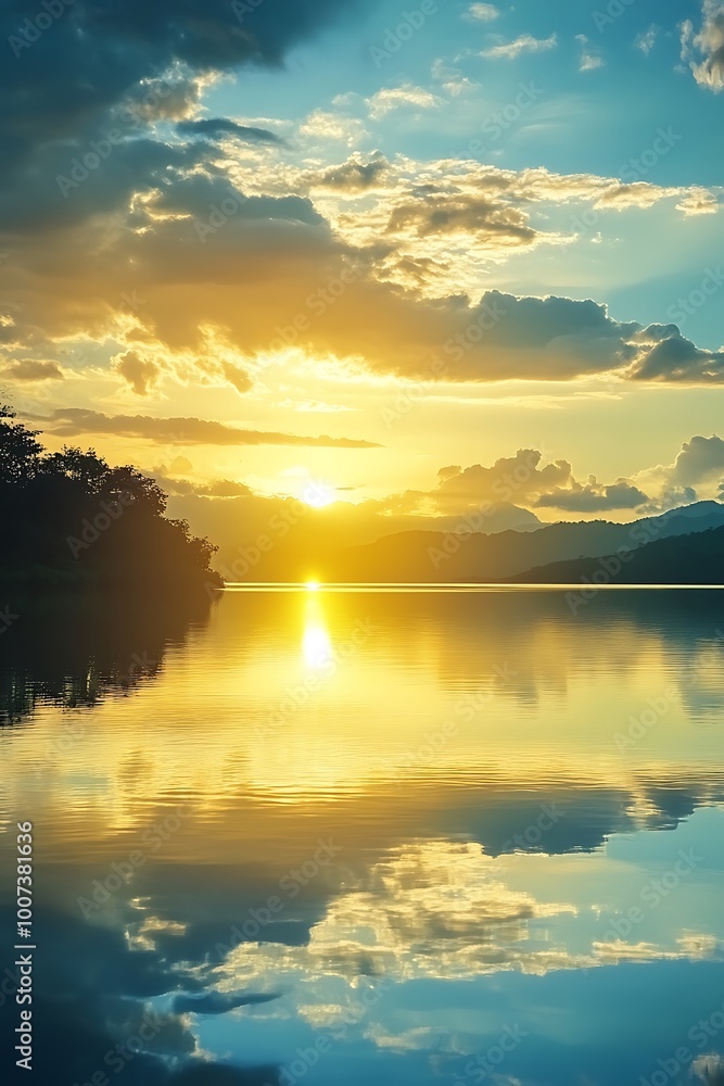 Fototapeta premium Peaceful Sunset Reflection on Calm Lake Water