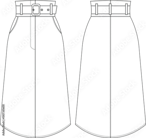 with pocket belted zippered a line midi long maxi skirt denim jean cotton template technical drawing flat sketch cad mockup fashion woman design style model
