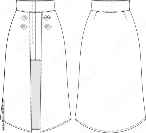 two pieced open front zippered buttoned midi short a line skirt denim jean cotton template technical drawing flat sketch cad mockup fashion woman design style model
