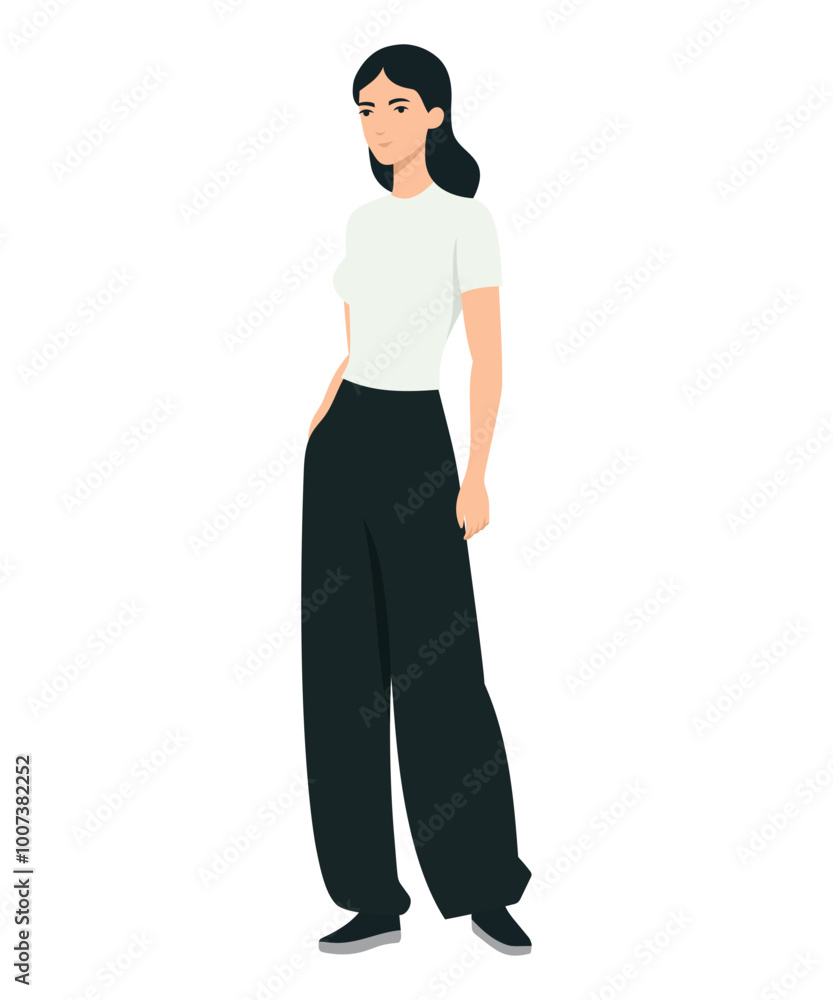 Vector illustration of a girl in a casual look with a white short-sleeved top and black pants. Vector illustration of a girl in a casual look with a white short-sleeved top and black pants.