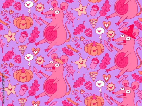 Halloween animals seamless mouse and pumpkins pattern for wrapping paper