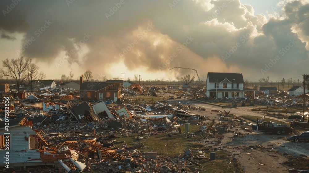 A suburban neighborhood is devastated by a tornado, leaving behind a trail of destruction and debris. A suburban neighborhood is devastated by a tornado, leaving behind a trail of destruction and debris.