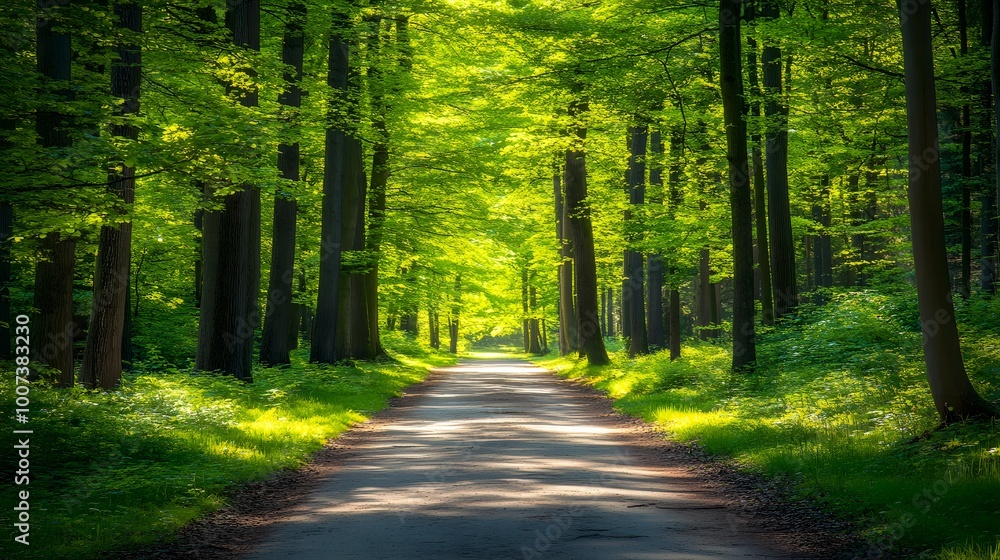 Fototapeta premium A sun dappled forest lined with vibrant green