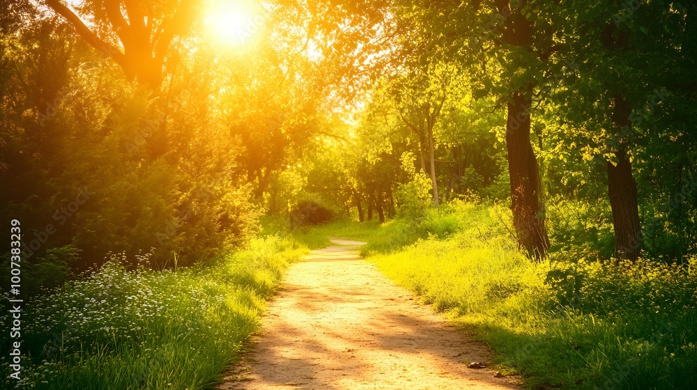 Fototapeta premium A sun dappled forest lined with vibrant green