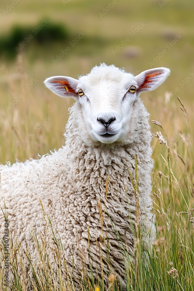 Obraz premium White Sheep in Green Grass Field, Close Up Portrait