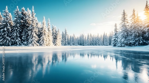 A vast frozen lake reflecting the crisp blue sky