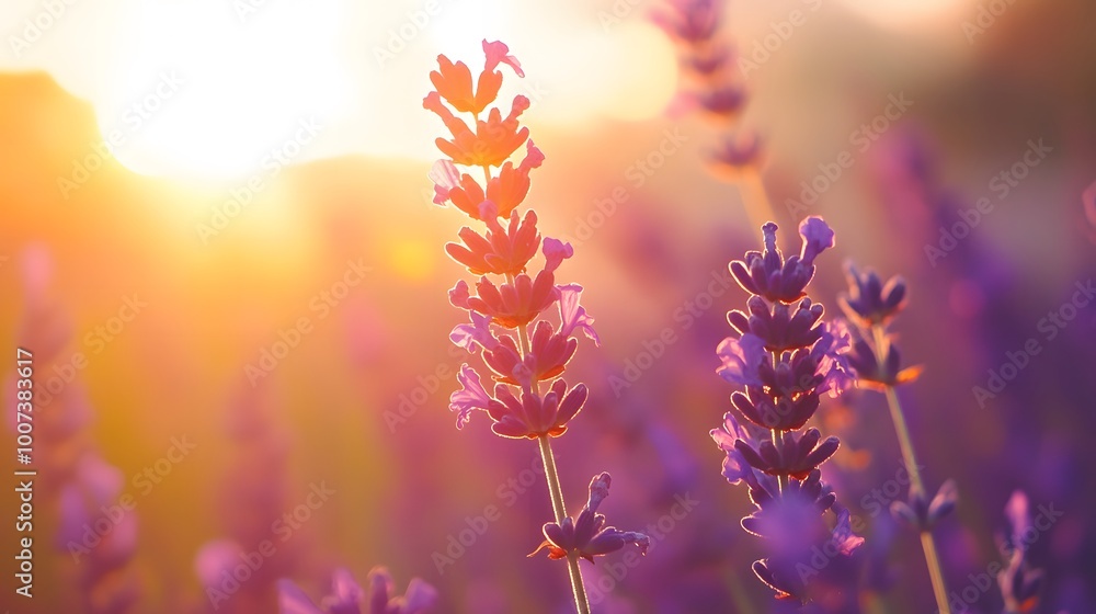 A vast lavender field glowing under the golden light A vast lavender field glowing under the golden light