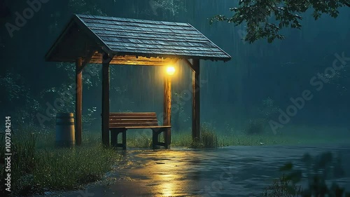 Wallpaper Mural A lonely wooden bench sits under a covered shelter in a misty forest, lit by a single lamppost as rain falls. Torontodigital.ca