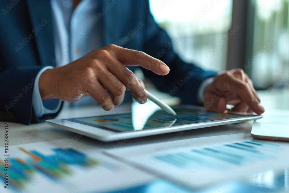 Fototapeta premium Businessman uses tablet with financial data on desk.