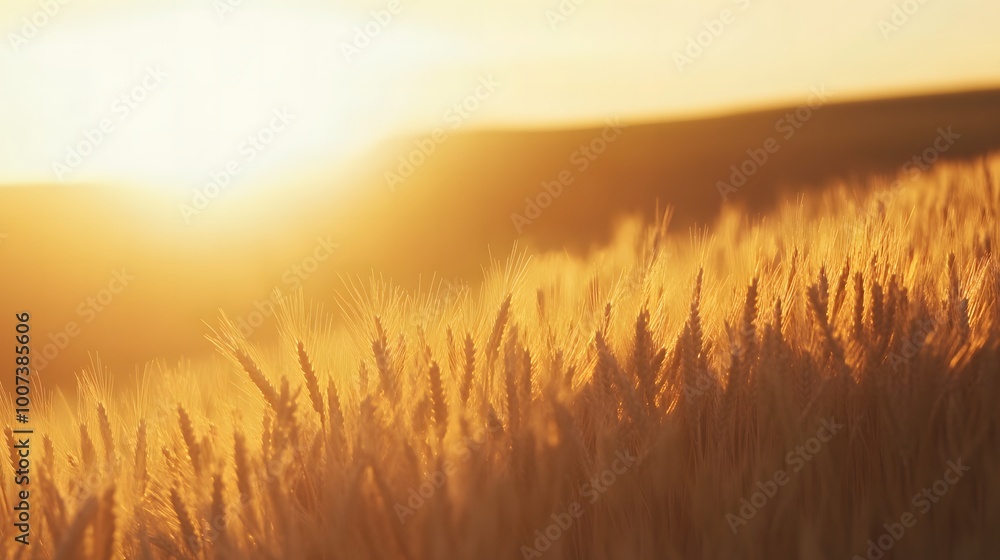 Fototapeta premium A golden wheat field swaying gently in the breeze at sunset, with copy space. Warm golden light. Summer countryside background.