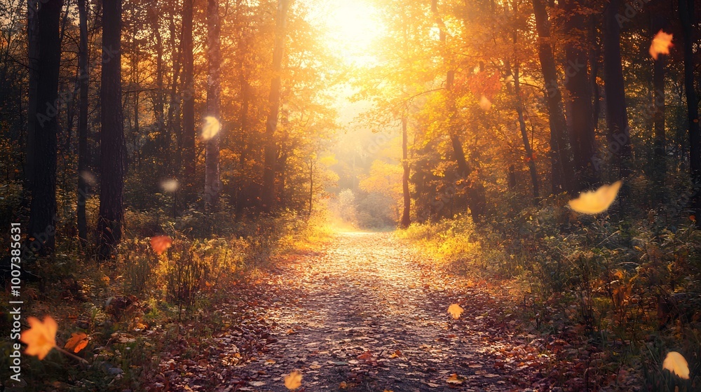 Obraz premium A forest path surrounded by vibrant autumn foliage