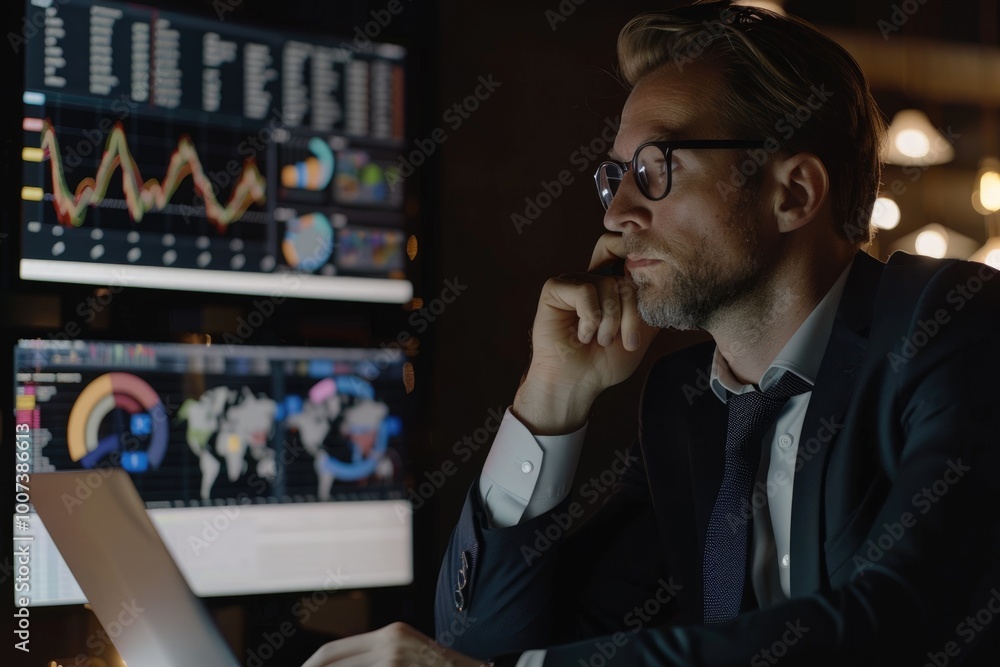 Businessman analyzes financial data on screens uses laptop for work. Businessman analyzes financial data on screens uses laptop for work.