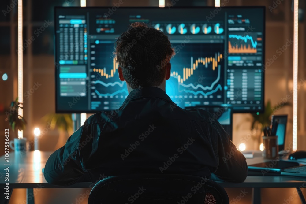 Young analyst analyzing financial charts on computer monitor at office. Young analyst analyzing financial charts on computer monitor at office.
