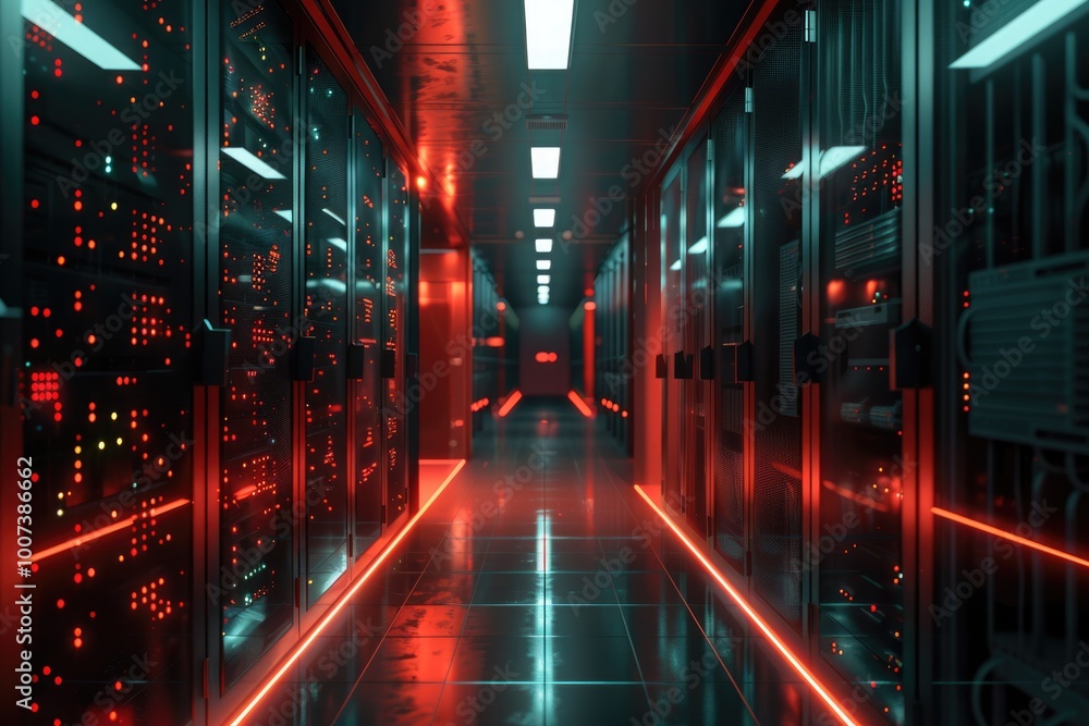 Fototapeta premium Data center with rack servers supercomputers and internet visualization.