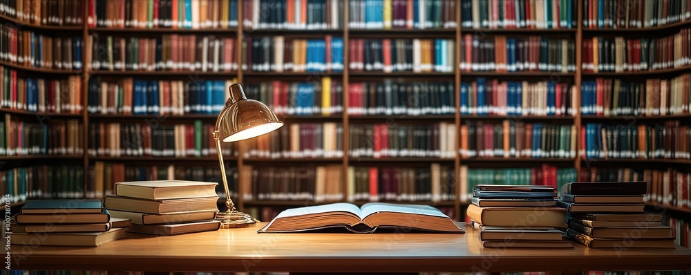 Cozy Library Interior with Open Book on Wooden Desk and Stacks of Books Under Warm Lamp Light Cozy Library Interior with Open Book on Wooden Desk and Stacks of Books Under Warm Lamp Light