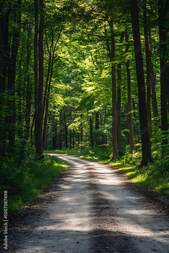 Fototapeta premium Sunbeams through trees on forest road, nature path in woods, sunlight, green foliage