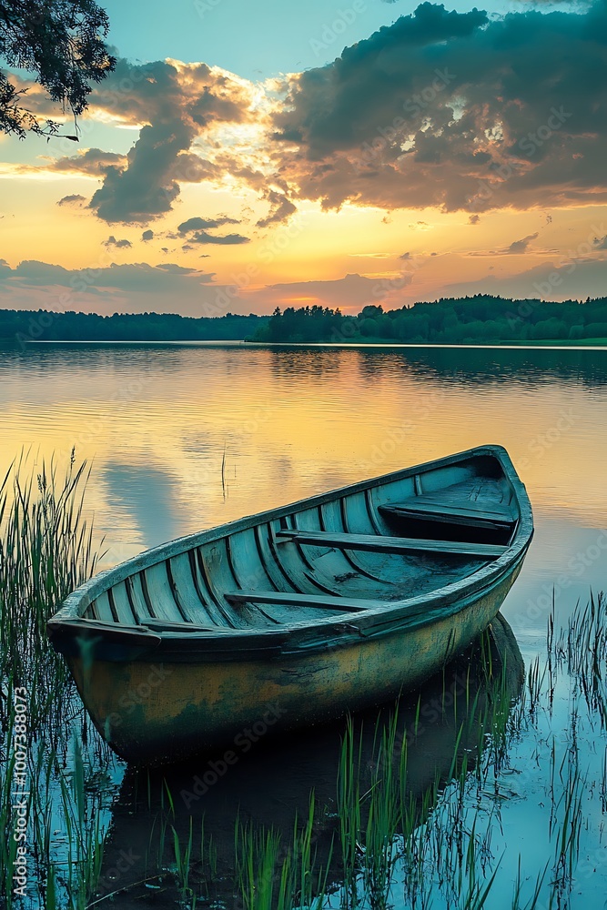 Obraz premium Wooden Rowboat Moored at Tranquil Lake Shore with Sunset Sky