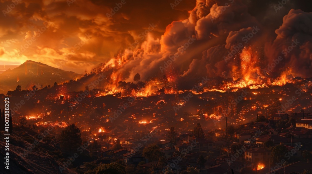 A fiery eruption engulfs the hillside, creating a dramatic scene of nature's power. A fiery eruption engulfs the hillside, creating a dramatic scene of nature's power.