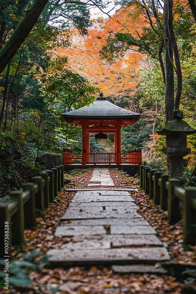 Stone path leading to red pagoda in Japanese garden during autumn with colorful trees Stone path leading to red pagoda in Japanese garden during autumn with colorful trees