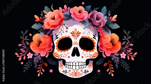 a Mexican skull adorned with vibrant roses, embodying the spirit of Dia de los Muertos. This colorful sugar skull design showcases intricate floral patterns and celebrates the rich cultural heritage 