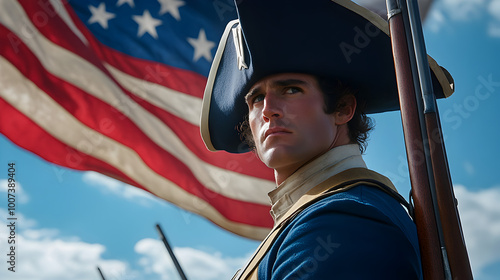 A Continental Army soldier from the American Revolution, wearing a tricorn hat and blue uniform, holding a musket and standing on a battlefield with the American flag waving behind him. American Revol
