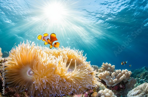 A red sea anemone fish (amphiprion bicinctus) and Haddon's anemone, Ras Mohammed National Park, Red Sea, Egypt photo