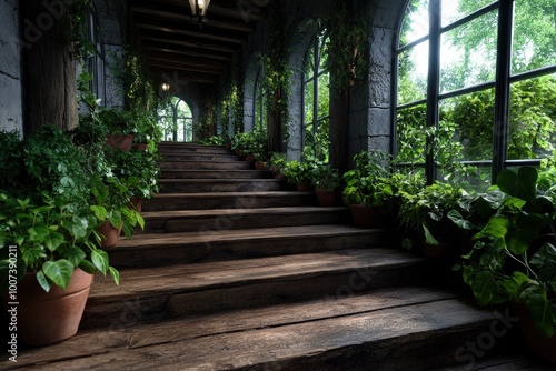 A rustic wooden staircase is thoughtfully decorated with lush green potted plants on each step, offering a serene and nature-infused environment, harmonizing textures. photo