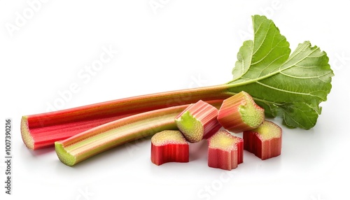 Common rhubarb - Rheum rhabarbarum - Red and green stalks isolated on a white background with copy space. Fresh useful plant from the garden. Rhubarb for making pies, jelly and other dishes.