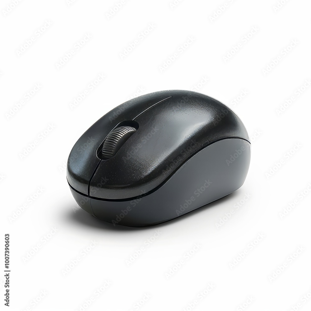 A sleek black wireless computer mouse rests on a bright white surface, designed for comfortable navigation during work or leisure A sleek black wireless computer mouse rests on a bright white surface, designed for comfortable navigation during work or leisure