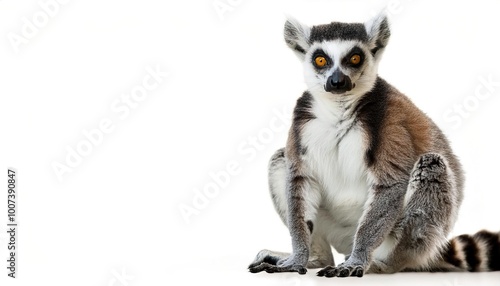 ring tailed lemur - Lemur catta - is a medium to large size strepsirrhine (wet nosed) primate.  Named for its black and white pattern tail with rings.  Isolated on white background with copy space