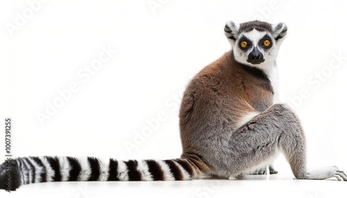 ring tailed lemur - Lemur catta - is a medium to large size strepsirrhine (wet nosed) primate.  Named for its black and white pattern tail with rings.  Isolated on white background with copy space